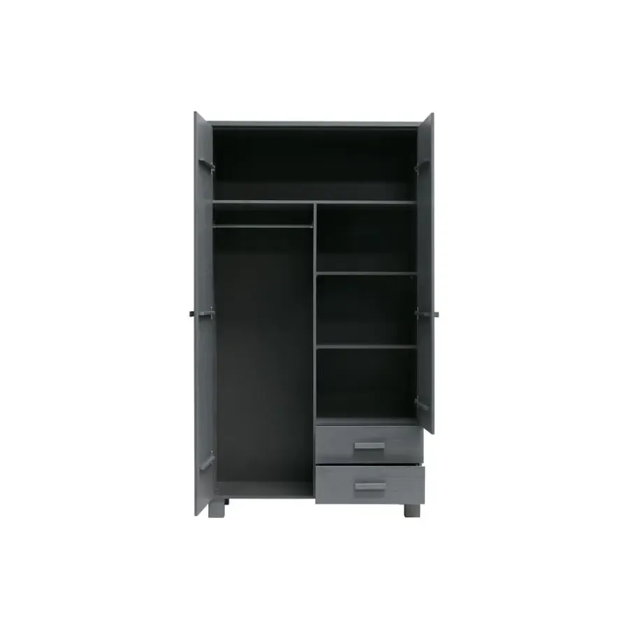 Kledingkasten|Kledingkasten-WOOOD Dennis Kast Met Laden - Grenen - Staal Grijs - 202x111x55