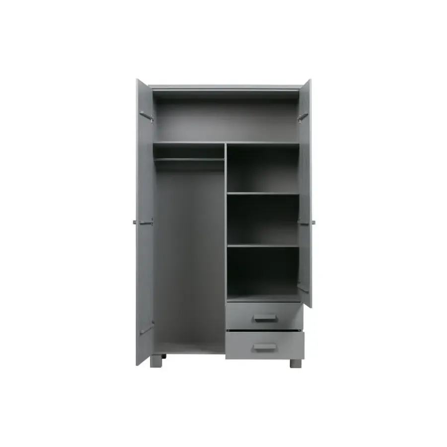 Kledingkasten|Kledingkasten-WOOOD Dennis Kast Met Laden - Grenen - Betongrijs - 202x111x55