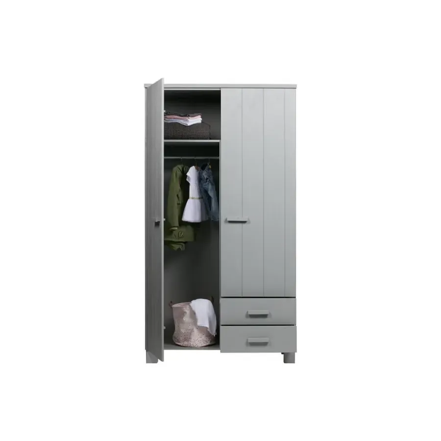 Kledingkasten|Kledingkasten-WOOOD Dennis Kast Met Laden - Grenen - Betongrijs - 202x111x55