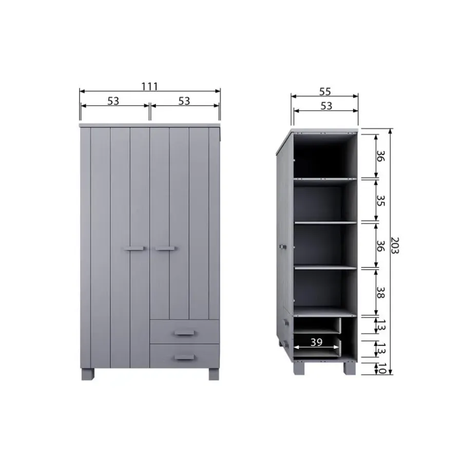 Kledingkasten|Kledingkasten-WOOOD Dennis Kast Met Laden - Grenen - Betongrijs - 202x111x55