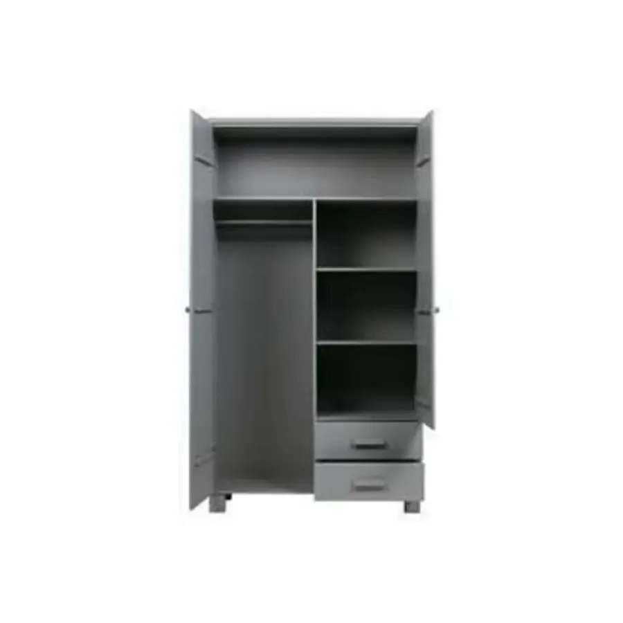 Kledingkasten|Kledingkasten-WOOOD Dennis Kast Met Laden - Grenen - Betongrijs - 202x111x55