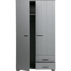 Kledingkasten|Kledingkasten-WOOOD Dennis Kast Met Laden - Grenen - Betongrijs - 202x111x55