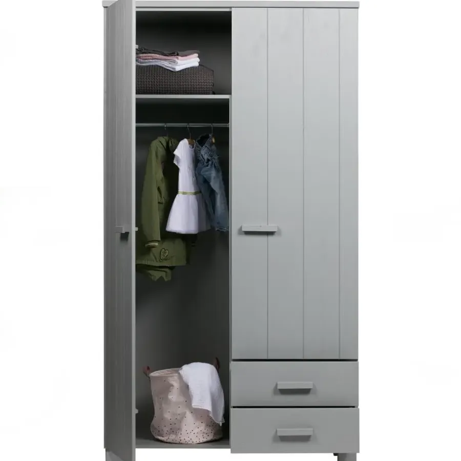 Kledingkasten|Kledingkasten-WOOOD Dennis Kast Met Laden - Grenen - Betongrijs - 202x111x55