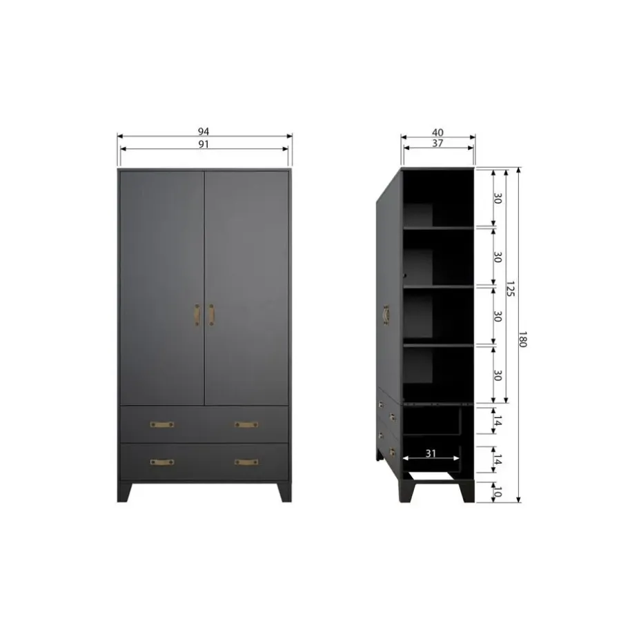 Kledingkasten|Kledingkasten-WOOOD Dian Garderobekast - Grenen - Zwart - 180x94x40