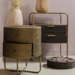 Nachtkastjes|Nachtkastjes-WOOOD Glossy Rond Kastje - Metaal - Antique Brass - 48x39x39