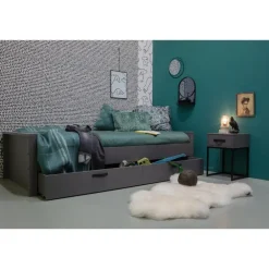 1-Persoons Bedden-WOOOD Morris Bed Incl. Bedlade/Lattenrol - Grenen - Leem - 90x200
