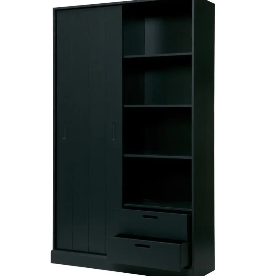 Wandkasten-WOOOD Move schuifdeurkast - Grenen - Mat Zwart - 200x120x42