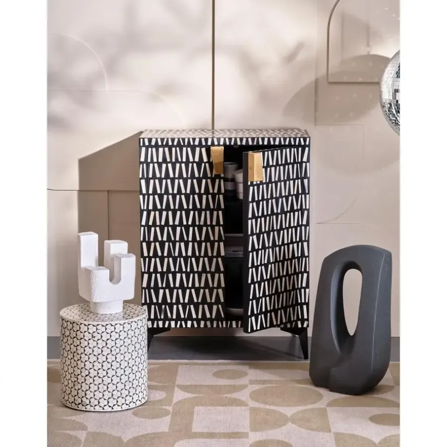 Sidetables-WOOOD Neva Sidetable - Bone Inlay - Zwart/Wit - 40x37x37