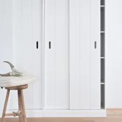 Kledingkasten|Kledingkasten-WOOOD Row Plankenkast Met Schuifdeuren - Grenen - Wit - 195x85x44