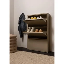Schoenenkasten-WOOOD Sabine 3-Vaks Schoenenkast - Metaal - Zand - 103x66x16