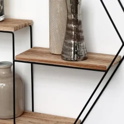 Wandrekken-IVOL Zwart metalen wandrek met 3 houten plankjes - Zeshoek - 48x55x10 cm