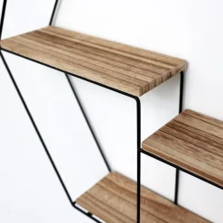 Wandrekken-IVOL Zwart metalen wandrek met 3 houten plankjes - Zeshoek - 48x55x10 cm