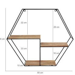 Wandrekken-IVOL Zwart metalen wandrek met 3 houten plankjes - Zeshoek - 48x55x10 cm