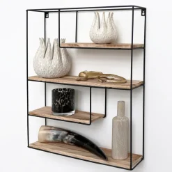 Wandrekken-IVOL Zwart metalen wandrek met 4 houten plankjes - Rechthoek - 55x45x11 cm