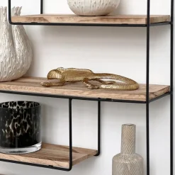 Wandrekken-IVOL Zwart metalen wandrek met 4 houten plankjes - Rechthoek - 55x45x11 cm