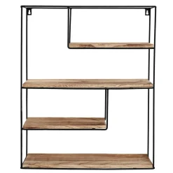 Wandrekken-IVOL Zwart metalen wandrek met 4 houten plankjes - Rechthoek - 55x45x11 cm