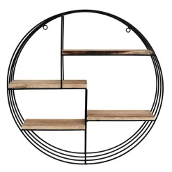 IVOL Zwart metalen wandrek met 4 houten plankjes - Rond - 50x11 cm