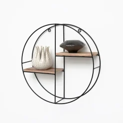 Wandrekken-IVOL Zwart metalen wandrek met 2 houten plankjes - Rond - 37x10 cm