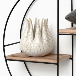 Wandrekken-IVOL Zwart metalen wandrek met 2 houten plankjes - Rond - 37x10 cm