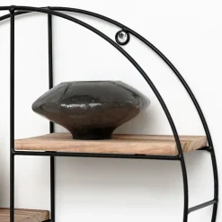 Wandrekken-IVOL Zwart metalen wandrek met 2 houten plankjes - Rond - 37x10 cm