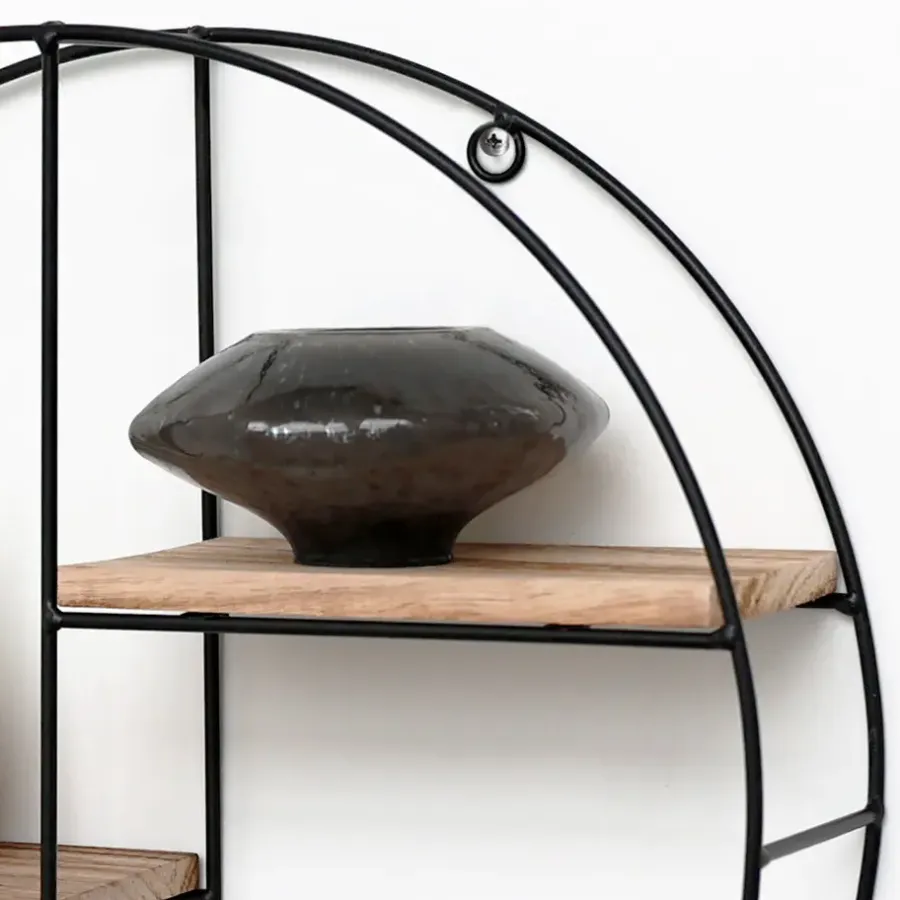 Wandrekken-IVOL Zwart metalen wandrek met 2 houten plankjes - Rond - 37x10 cm