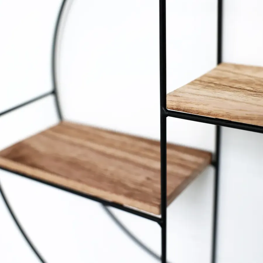 Wandrekken-IVOL Zwart metalen wandrek met 2 houten plankjes - Rond - 37x10 cm