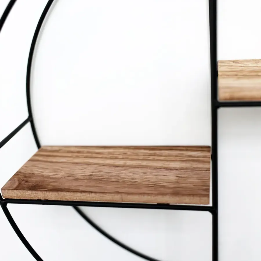 Wandrekken-IVOL Zwart metalen wandrek met 2 houten plankjes - Rond - 37x10 cm