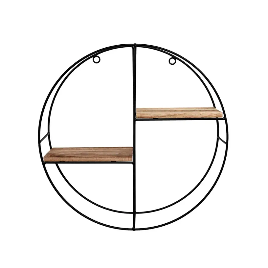 Wandrekken-IVOL Zwart metalen wandrek met 2 houten plankjes - Rond - 37x10 cm