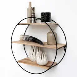 IVOL Zwart metalen wandrek met 3 houten plankjes - Rond - 50x19 cm