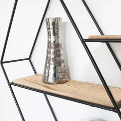 Wandrekken-IVOL Zwart metalen wandrek met 3 houten plankjes - Zeshoek diagonaal