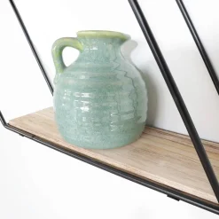 Wandrekken-IVOL Zwart metalen wandrek met 3 houten plankjes - Zeshoek diagonaal