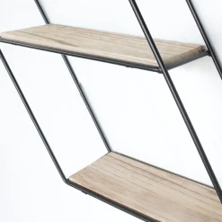 Wandrekken-IVOL Zwart metalen wandrek met 3 houten plankjes - Zeshoek diagonaal