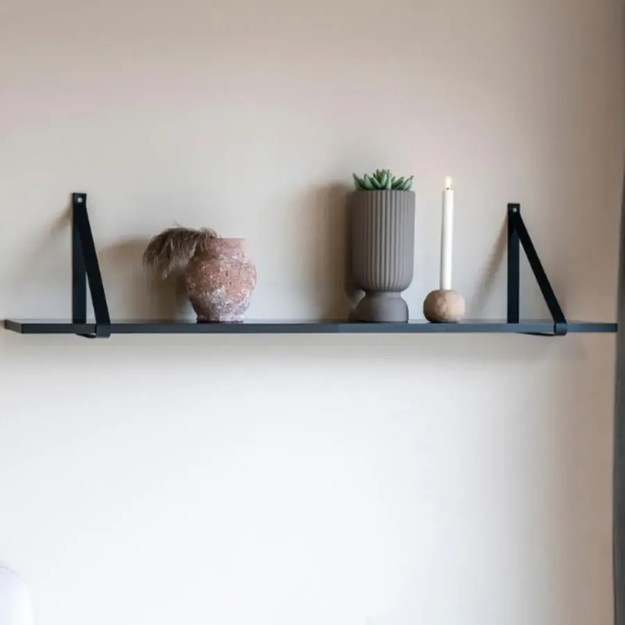 Wandrekken-House Nordic Zwarte wandplank met leren riemen - 120x20 cm
